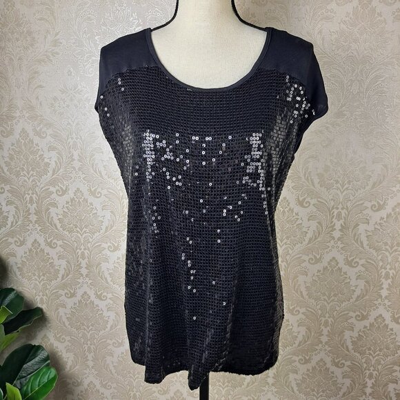 Metaphor Size Medium Black T-shirt with Black Sequin Front Cap Sleeve NWOT - Picture 1 of 11